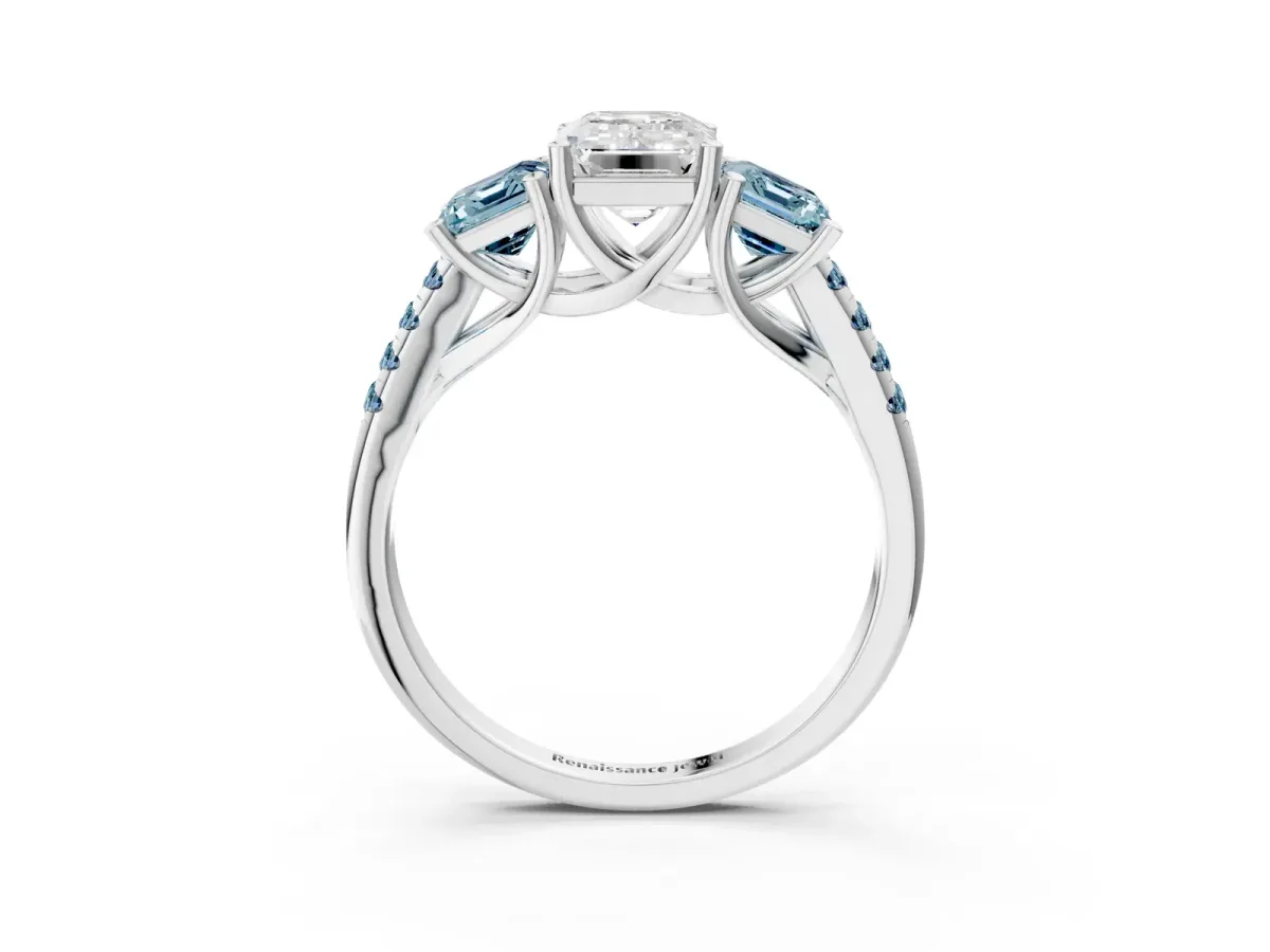 Three-Stone Emerald Cut Diamond Ring with Round Aquamarine Pavé Band and Prong Setting Silver