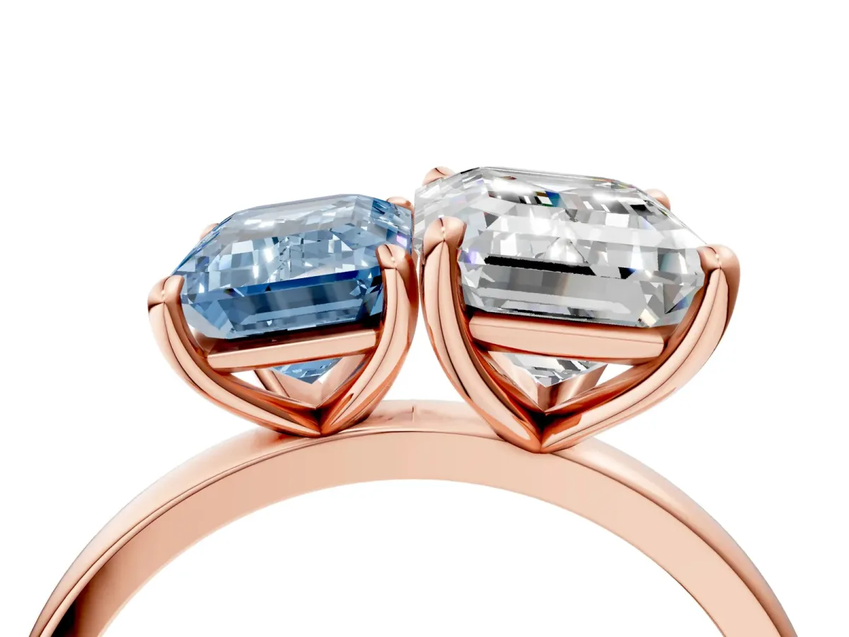 Fancy Blue Emerald Cut and Emerald Cut Toi Moi Ring with Prong Setting Rose gold