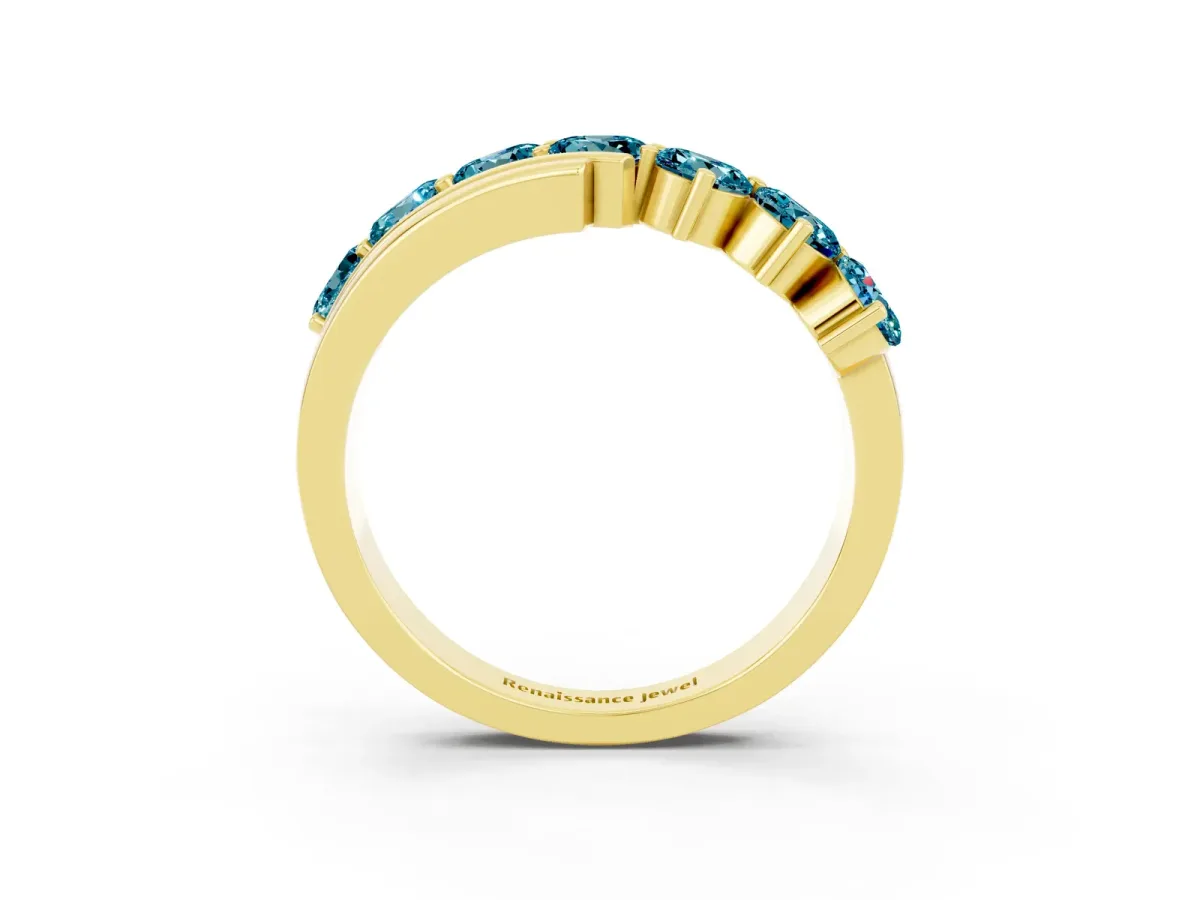 Round Blue Topaz Wave Band with Channel and Shared Prong Setting Yellow gold