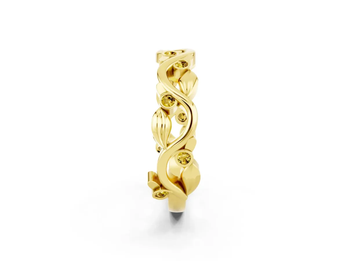 Round Yellow Sapphire Leaf Eternity Band with Bezel Setting Yellow gold