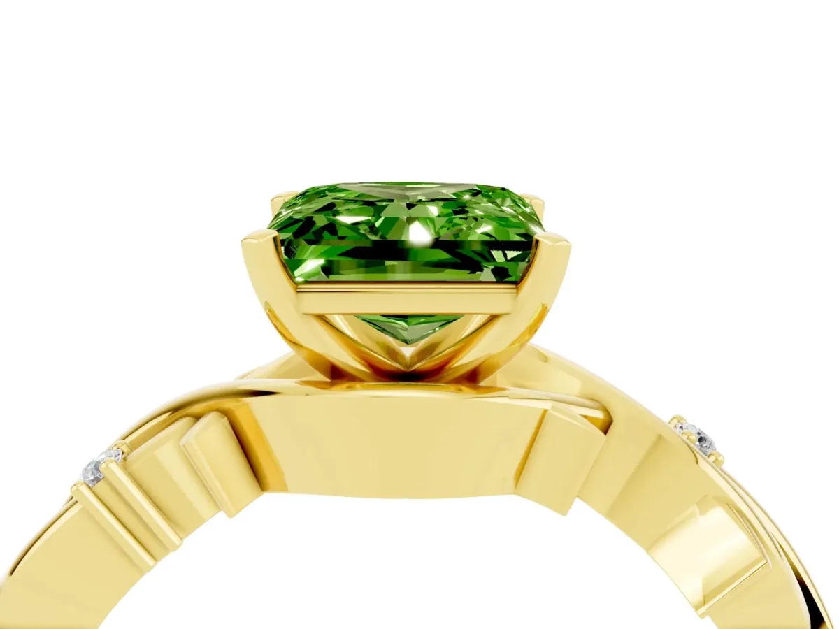 Princess Cut Peridot Solitaire Ring with Twisted Band and Prong Setting Yellow gold