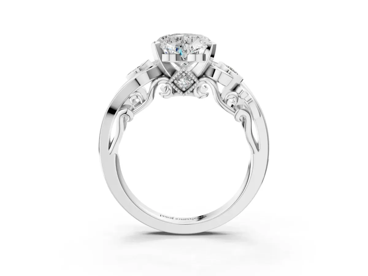 Heart Cut Diamond Solitaire Ring with Milgrain Pavé Band and Four-Prong Setting Silver