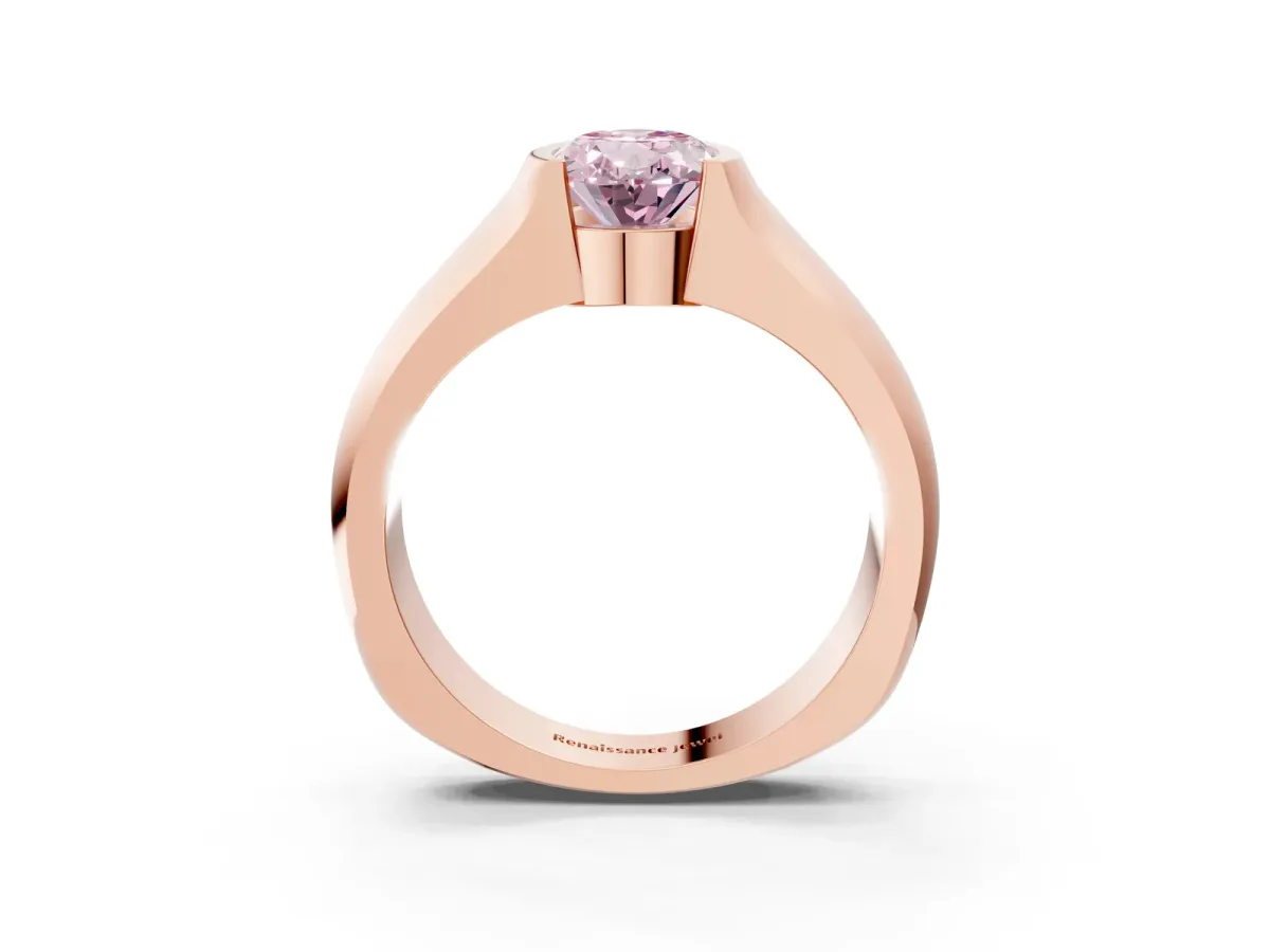 Fancy Pink Oval Cut Solitaire Bezel Set Diamond Ring with Wide Band Rose gold