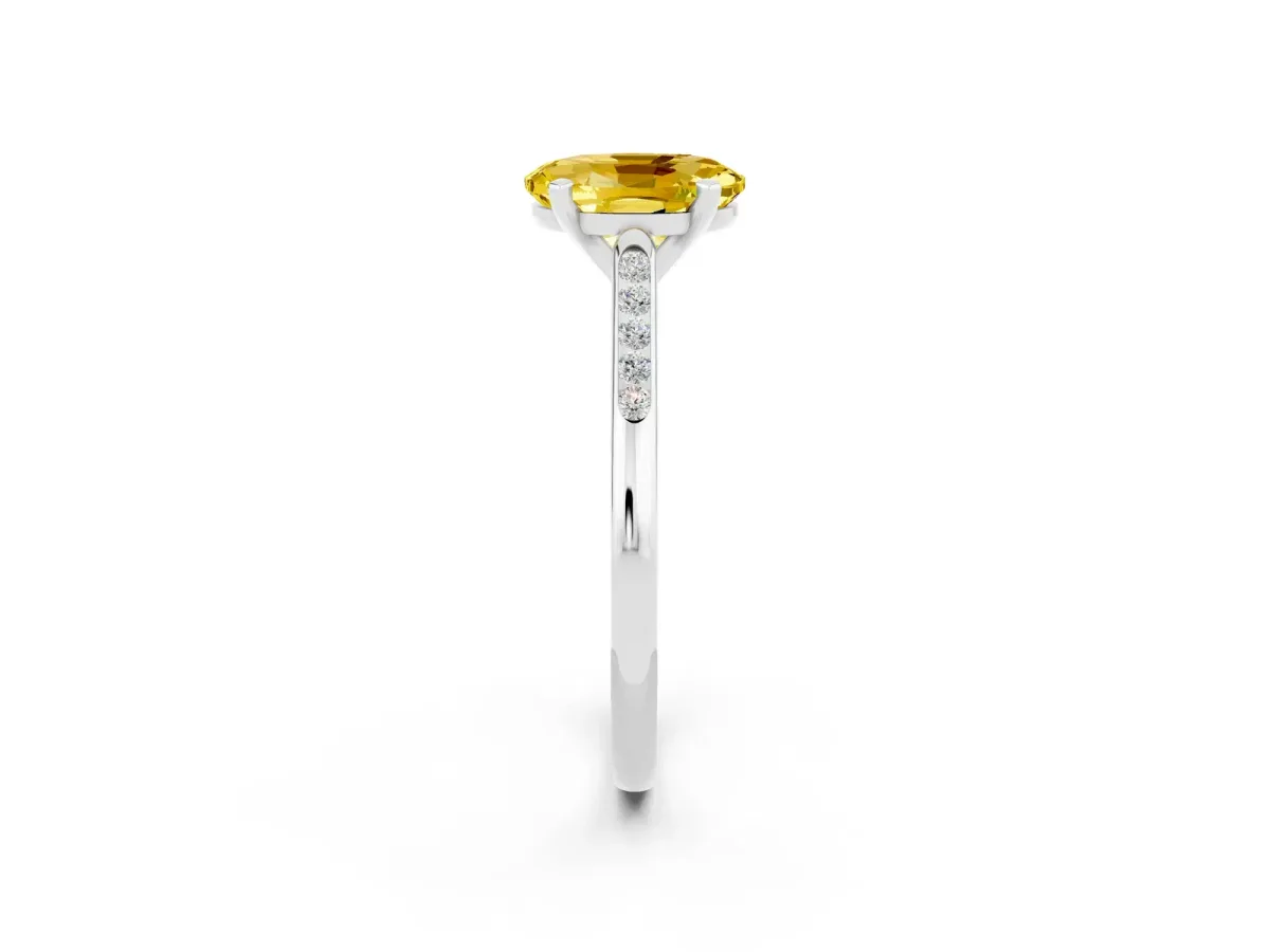 Oval Cut Yellow Sapphire Solitaire Ring with Channel Set Round Band and Prong Setting Silver