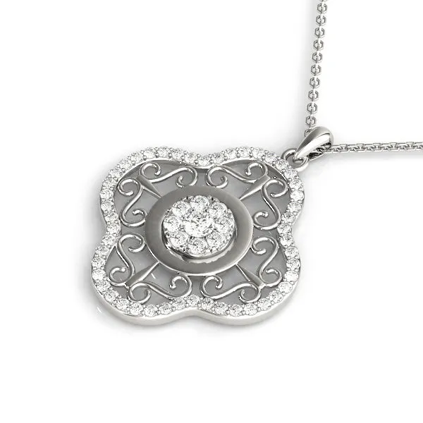 Round Cluster Diamond Pendant with Pavé and Scroll Prong Setting White gold