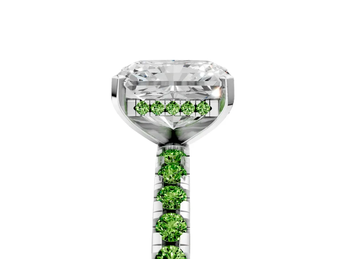 Radiant Cut Diamond Solitaire Ring with Round Peridot Pavé Band and Four-Prong Setting Silver