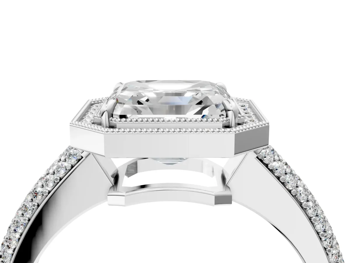 Asscher Cut Cut Halo Diamond Pave Band with Four-Prong Setting Platinum