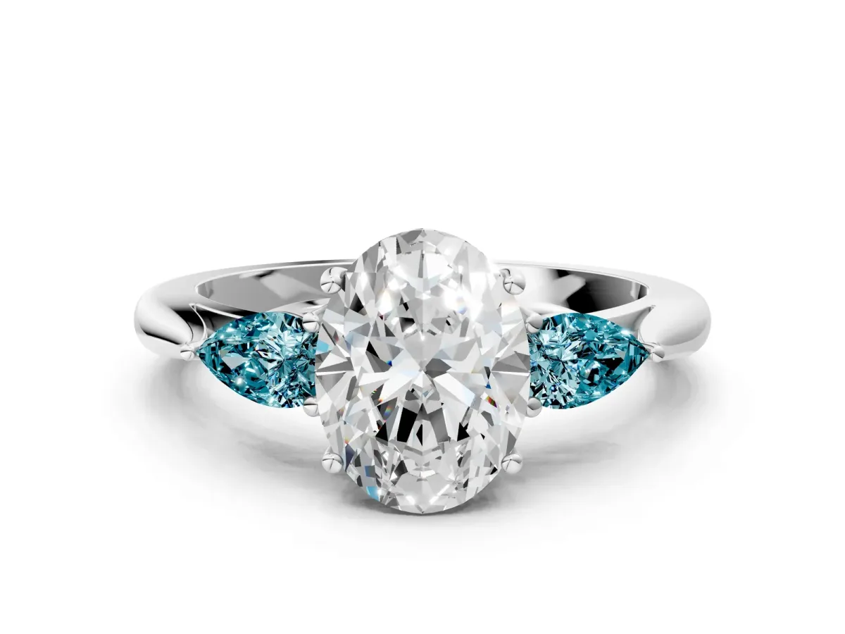 Oval Cut Diamond Three-Stone Ring with Pear Blue Topaz Side Stones and Prong Setting Silver
