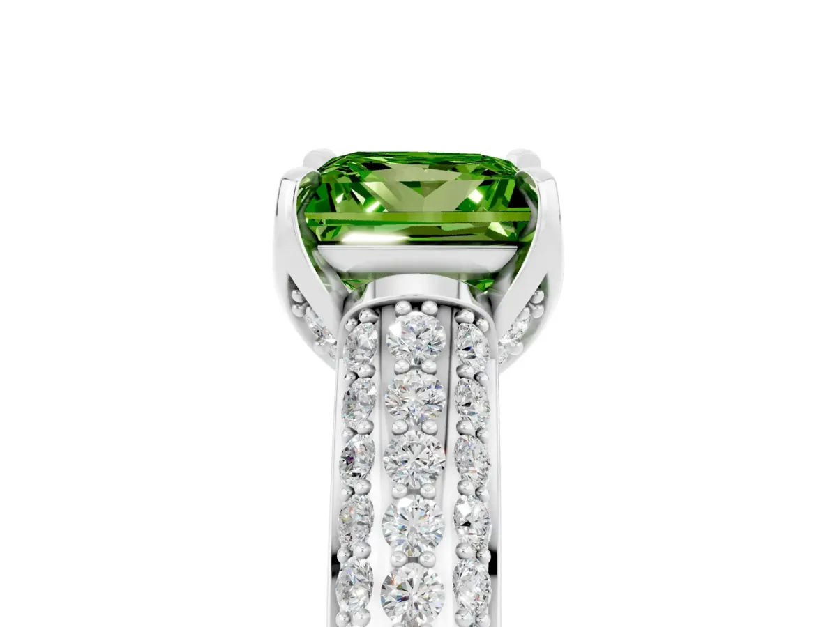 Princess Cut Peridot Solitaire Ring with Three-Row Pavé Band and Four-Prong Setting Platinum
