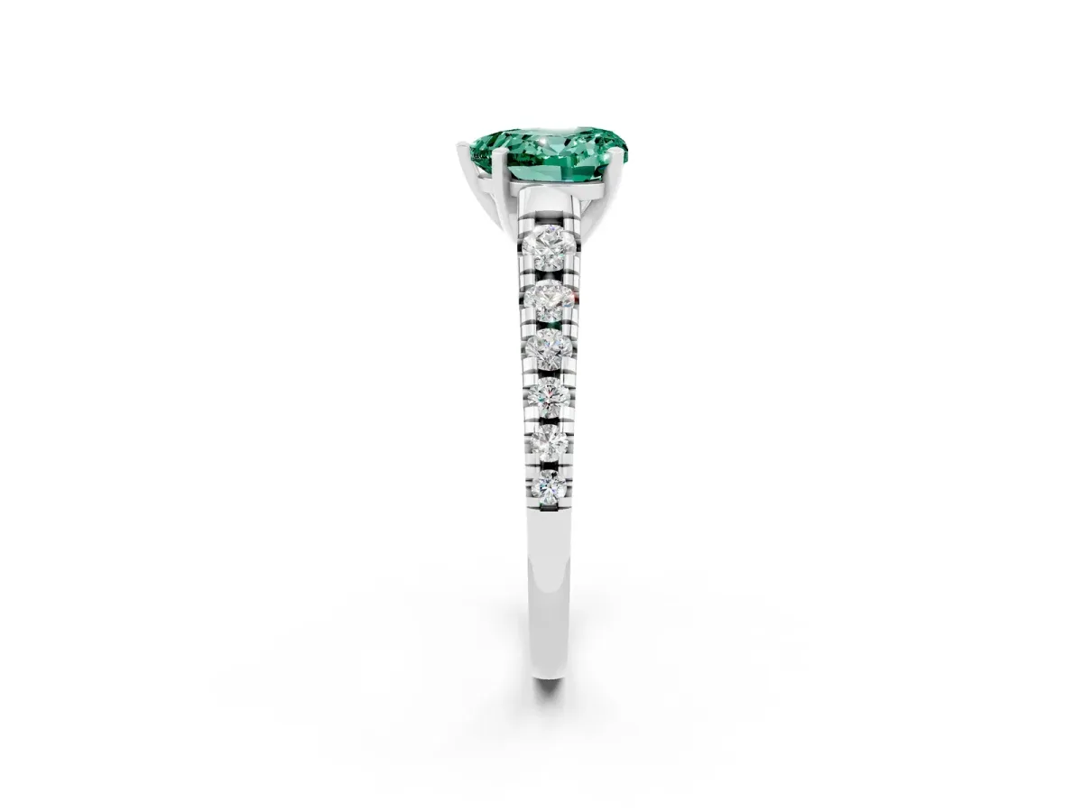 Heart Cut Green Sapphire Cathedral Solitaire Ring with Round Pavé Band Silver