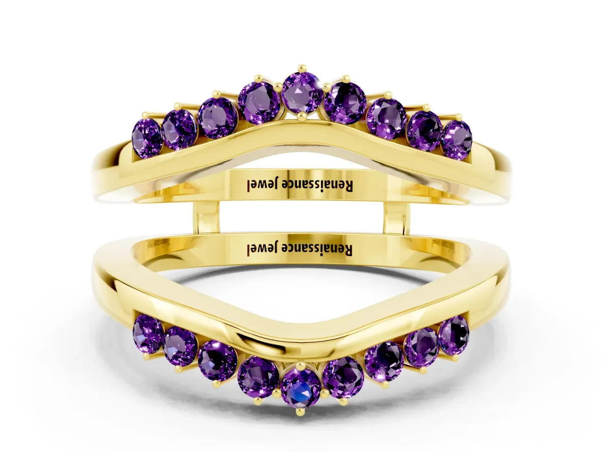 Round Amethyst Chevron Contour Band with Prong Setting Yellow gold