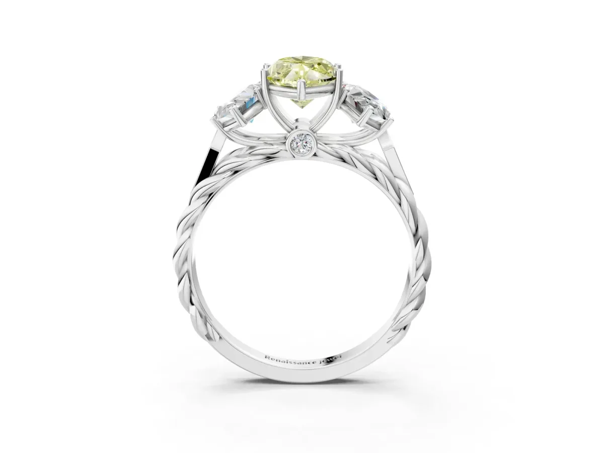 Fancy Yellow Three-Stone Marquise Cut Diamond Braided Band Ring with Four-Prong Setting Platinum