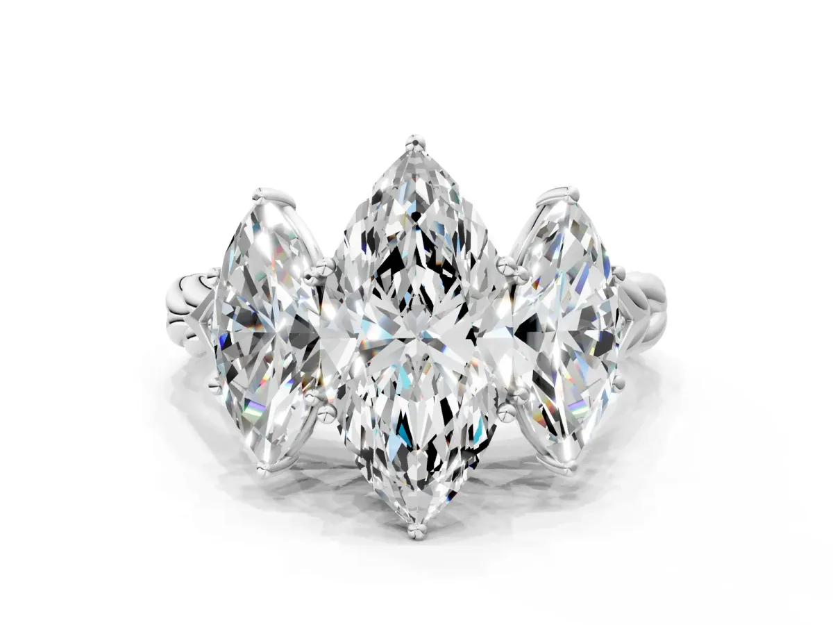 Three-Stone Marquise Cut Diamond Braided Band Ring with Four-Prong Setting White gold