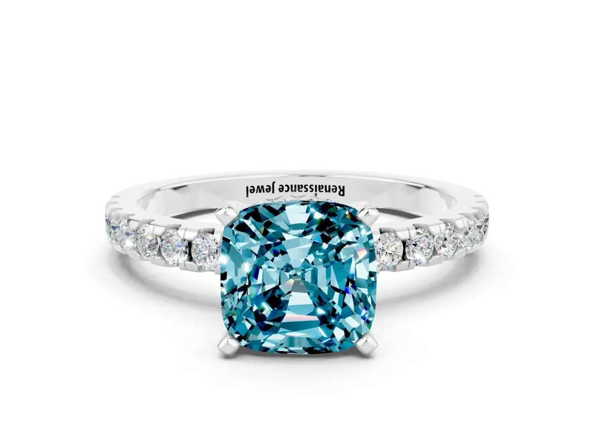 Cushion Cut Blue Topaz Solitaire Ring with Round Pavé Band and Four-Prong Setting Silver