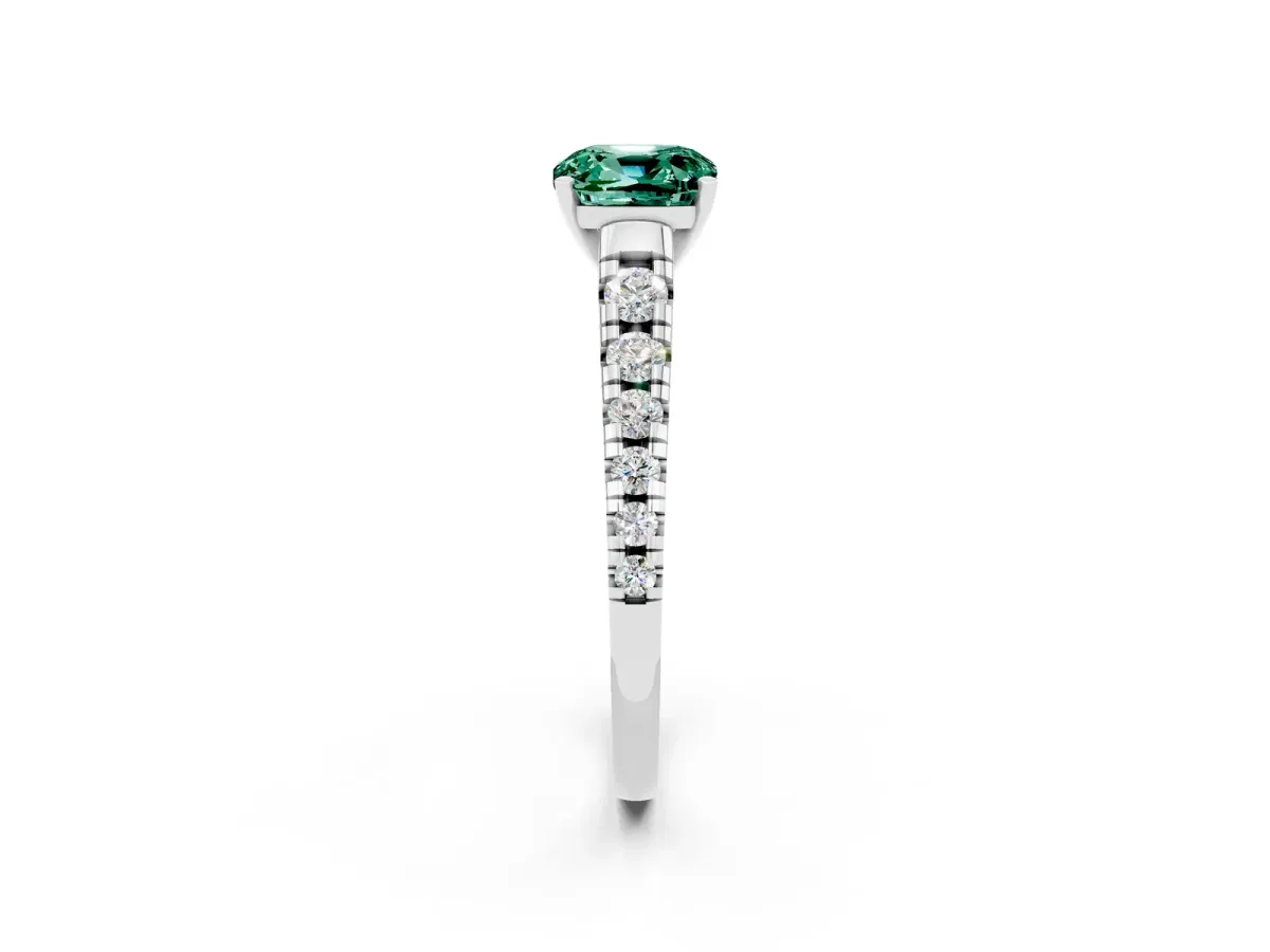 Cushion Cut Green Sapphire Cathedral Solitaire Ring with Round Pavé Band Silver