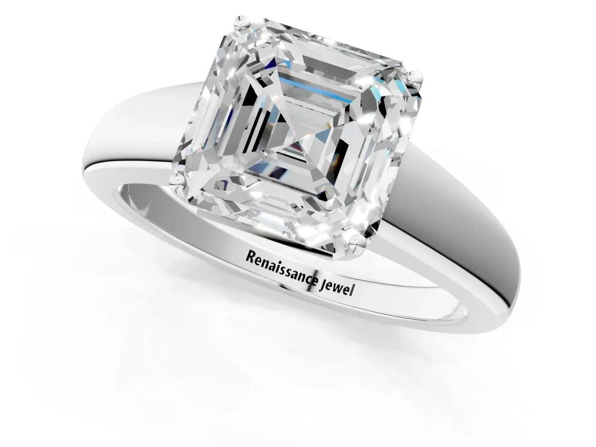Asscher Cut Solitaire Diamond Ring with Tapered Band and Four-Prong Setting Platinum