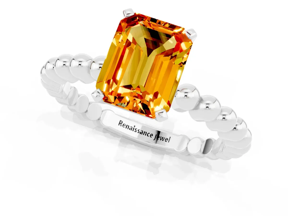 Emerald Cut Citrine Solitaire Ring with Beaded Band and Prong Setting White gold