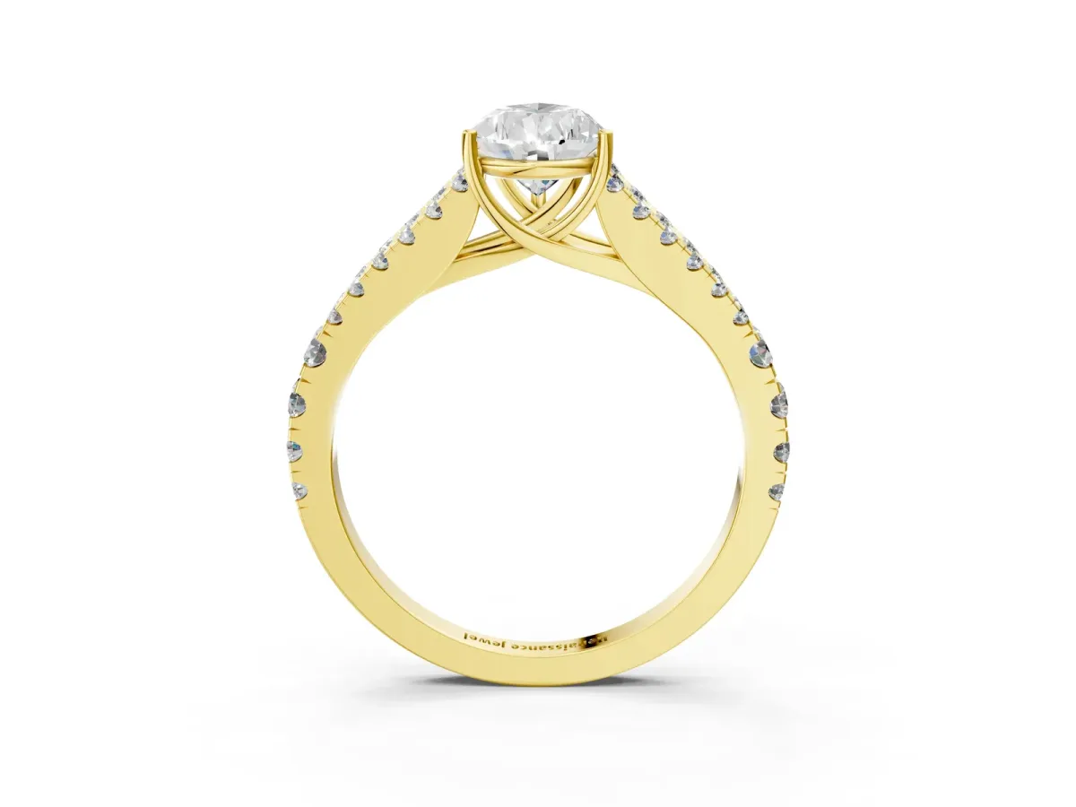 Pear Cut Diamond Split Shank Pavé Engagement Ring with Four-Prong Setting Yellow gold