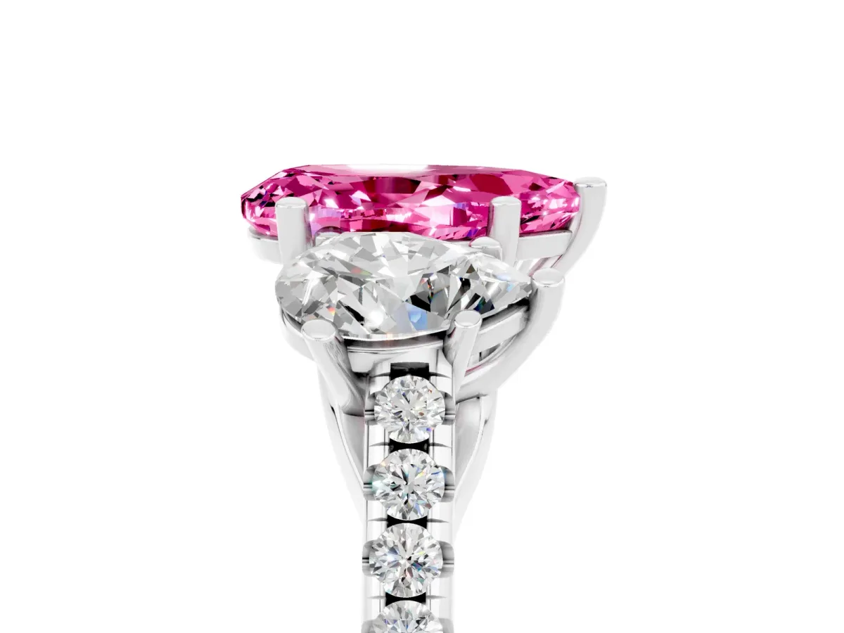 Three-Stone Pear Cut Pink Sapphire Ring with Round Pavé Band and Prong Setting Silver