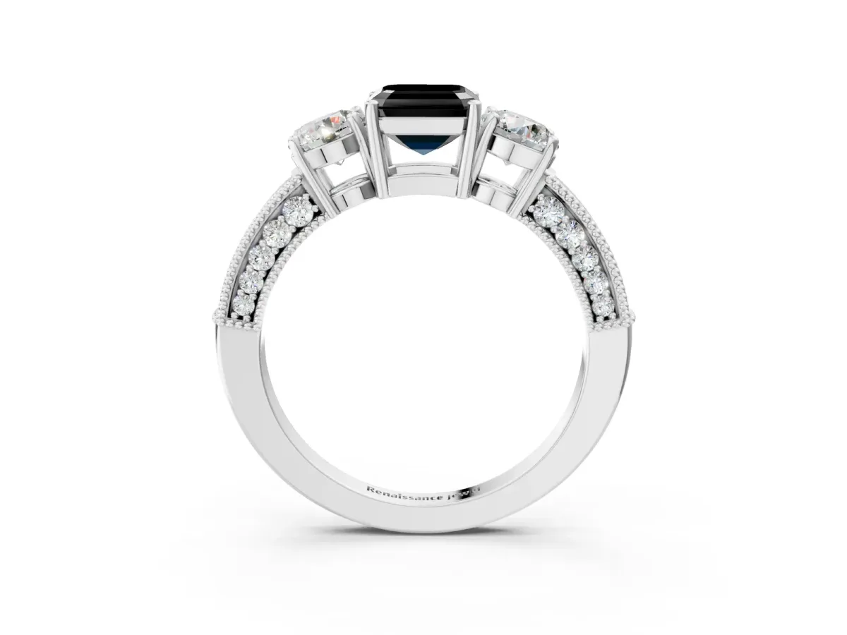 Fancy Black Asscher Cut Three-Stone Diamond Ring with Pavé Band and Four-Prong Setting Platinum