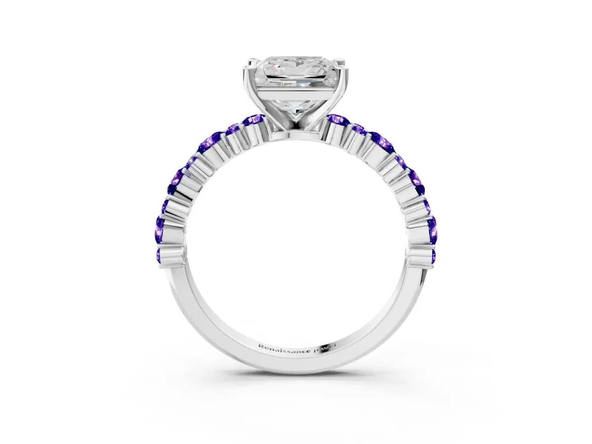 Princess Cut Diamond Side Stone Solitaire Ring with Round Tanzanite and Four-Prong Setting Silver
