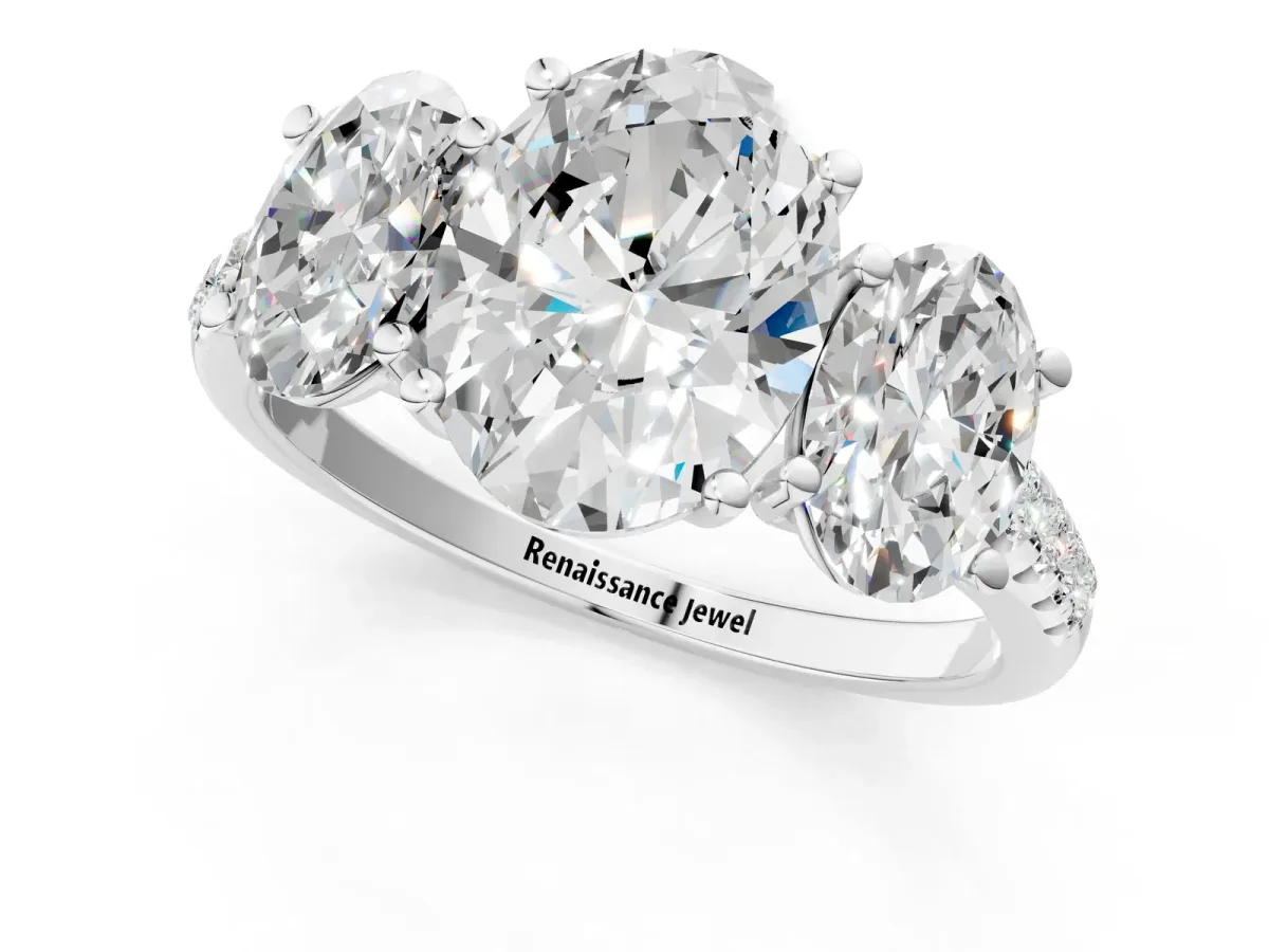 Three-Stone Oval Cut Diamond Ring with Round Moissanite Pavé Band and Prong Setting Silver