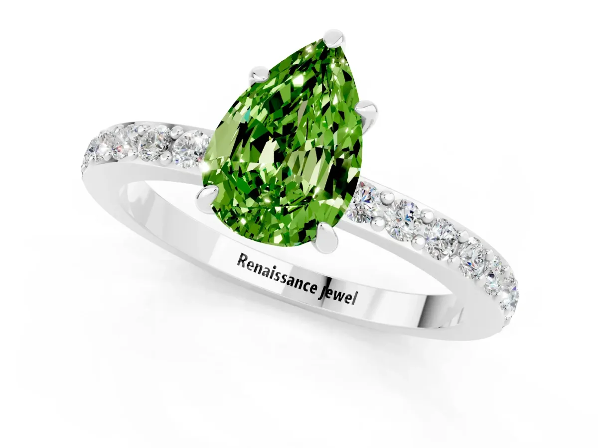 Pear Cut Peridot Solitaire Engagement Ring with Pavé Band and Four-Prong Setting Silver