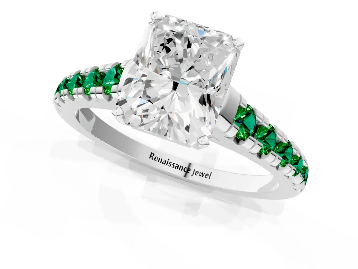 Radiant Cut Diamond Cathedral Solitaire Ring with Round Emerald Pavé Band Silver
