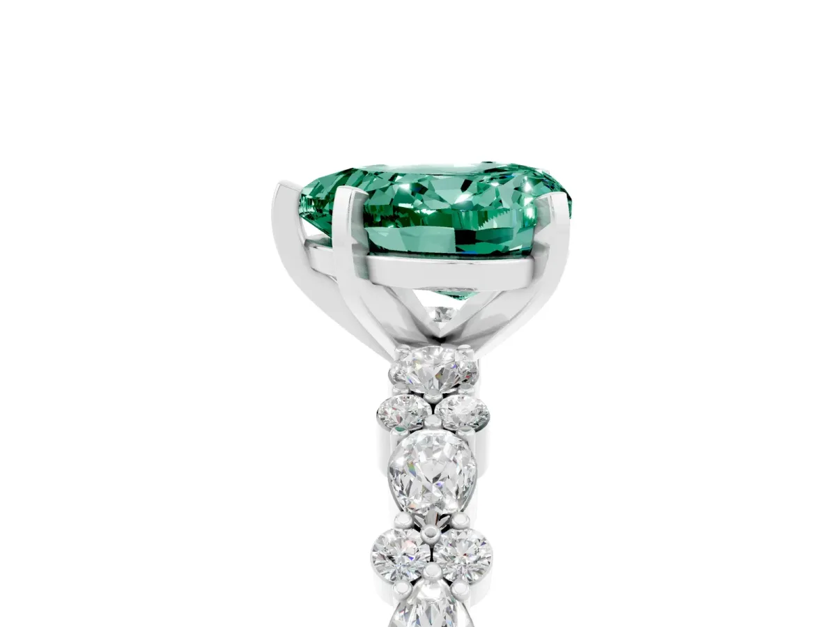 Heart Cut Green Sapphire Side Stone Solitaire Ring with Round and Four-Prong Setting Silver