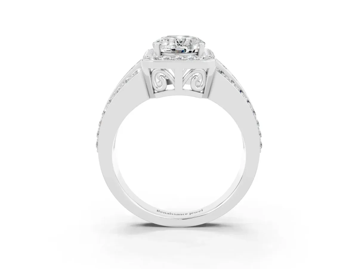Oval Cut Halo Moissanite Ring with Round Split Shank and Prong Setting White gold