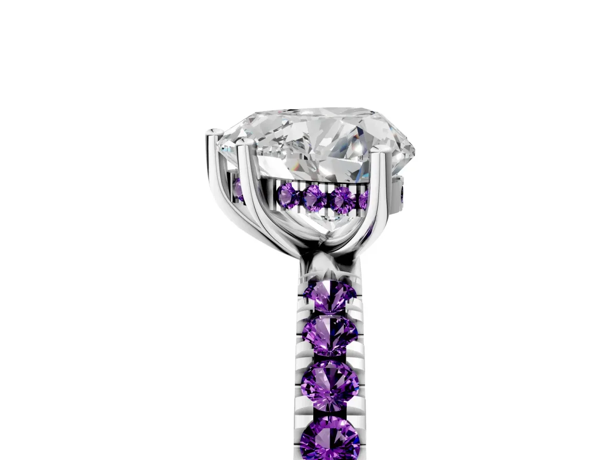 Heart Cut Diamond Pave Band Solitaire Ring with Round Amethyst and Prong Setting Platinum