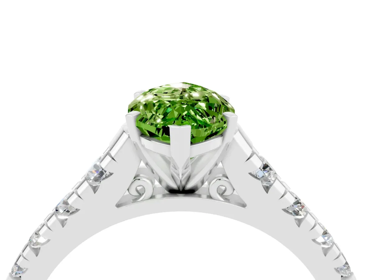 Marquise Cut Peridot Cathedral Solitaire Ring with Round Pavé Band Silver