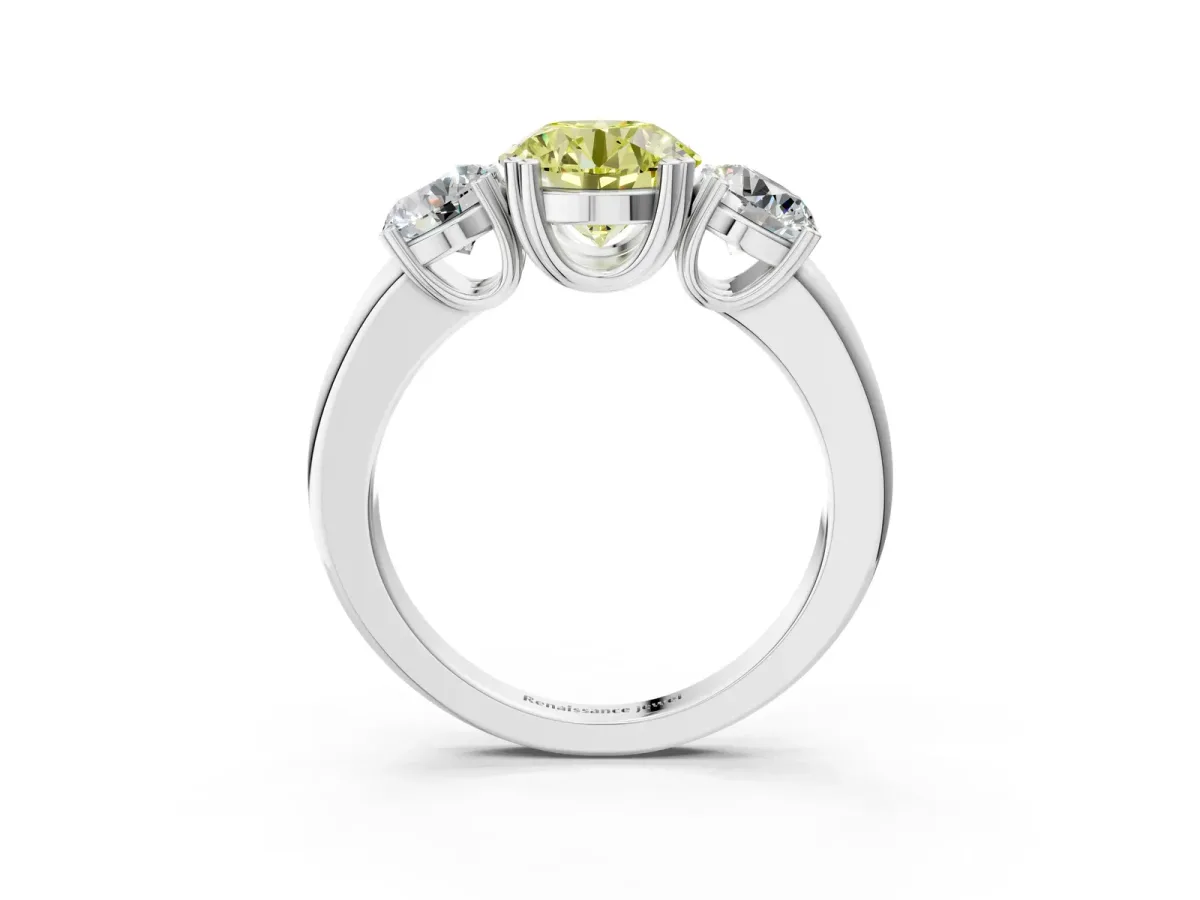 Fancy Yellow Three-Stone Round Cut Cut Diamond Ring with Channel Set Band and Four-Prong Setting Silver