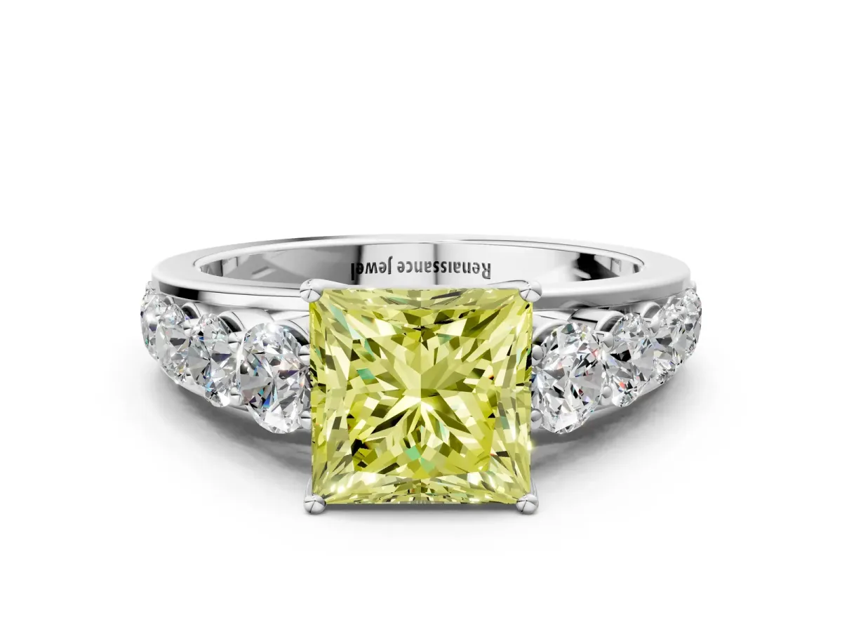 Fancy Yellow Princess Cut Brilliant Diamond Pavé Band with Six-Prong Setting Silver