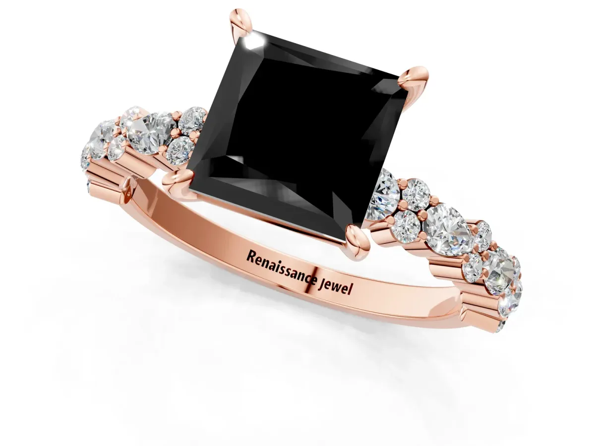 Fancy Black Princess Cut Diamond Side Stone Solitaire Ring with Round and Four-Prong Setting Rose gold