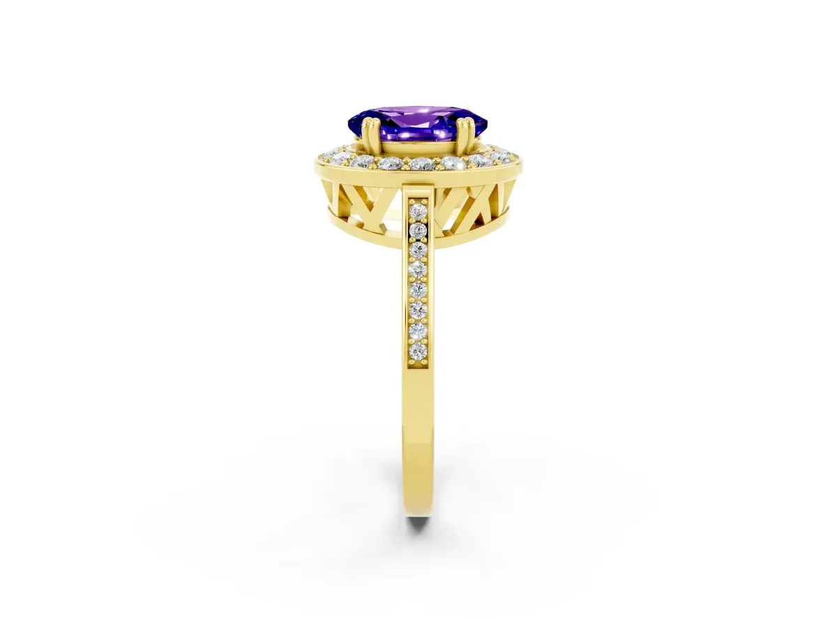 Oval Cut Tanzanite Halo Ring with Split Shank and Four-Prong Setting Yellow gold