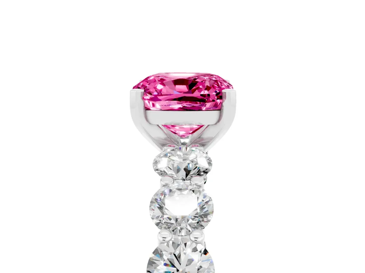 Cushion Cut Pink Sapphire Prong Setting with Side Stones on a Pave Band Silver