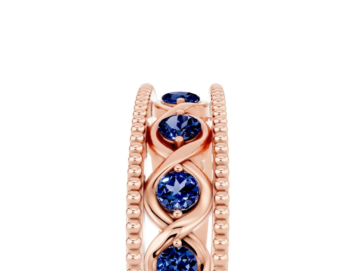 Round Blue Sapphire Twist Milgrain Band with Bezel Setting Rose gold