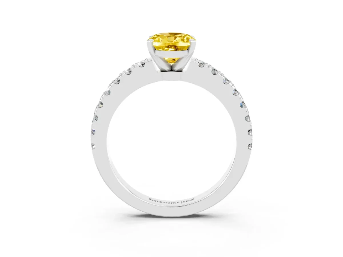 Oval Cut Solitaire Yellow Sapphire with Pavé Band and Four-Prong Setting Silver