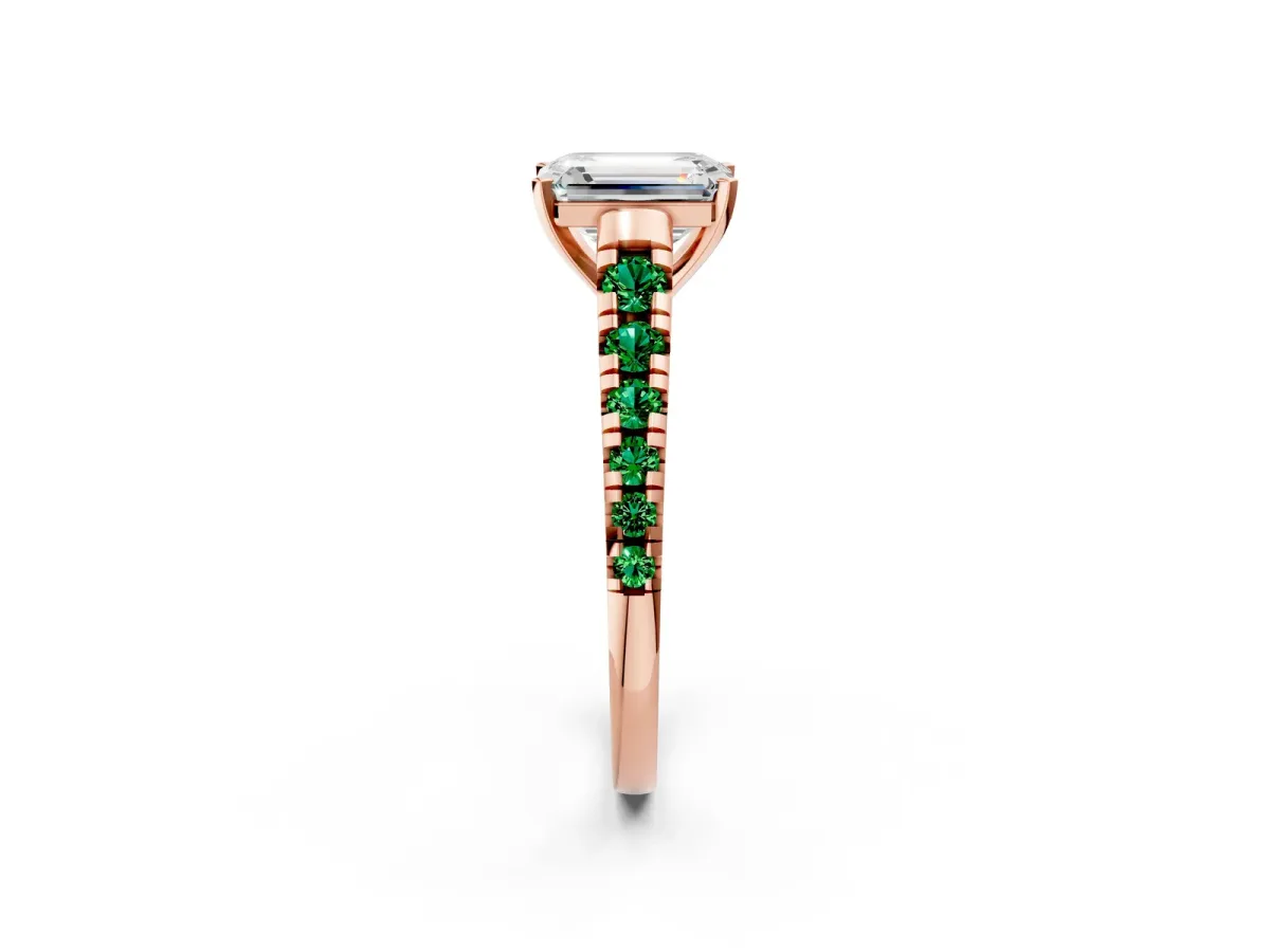 Emerald Cut Diamond Cathedral Solitaire Ring with Round Emerald Pavé Band Rose gold