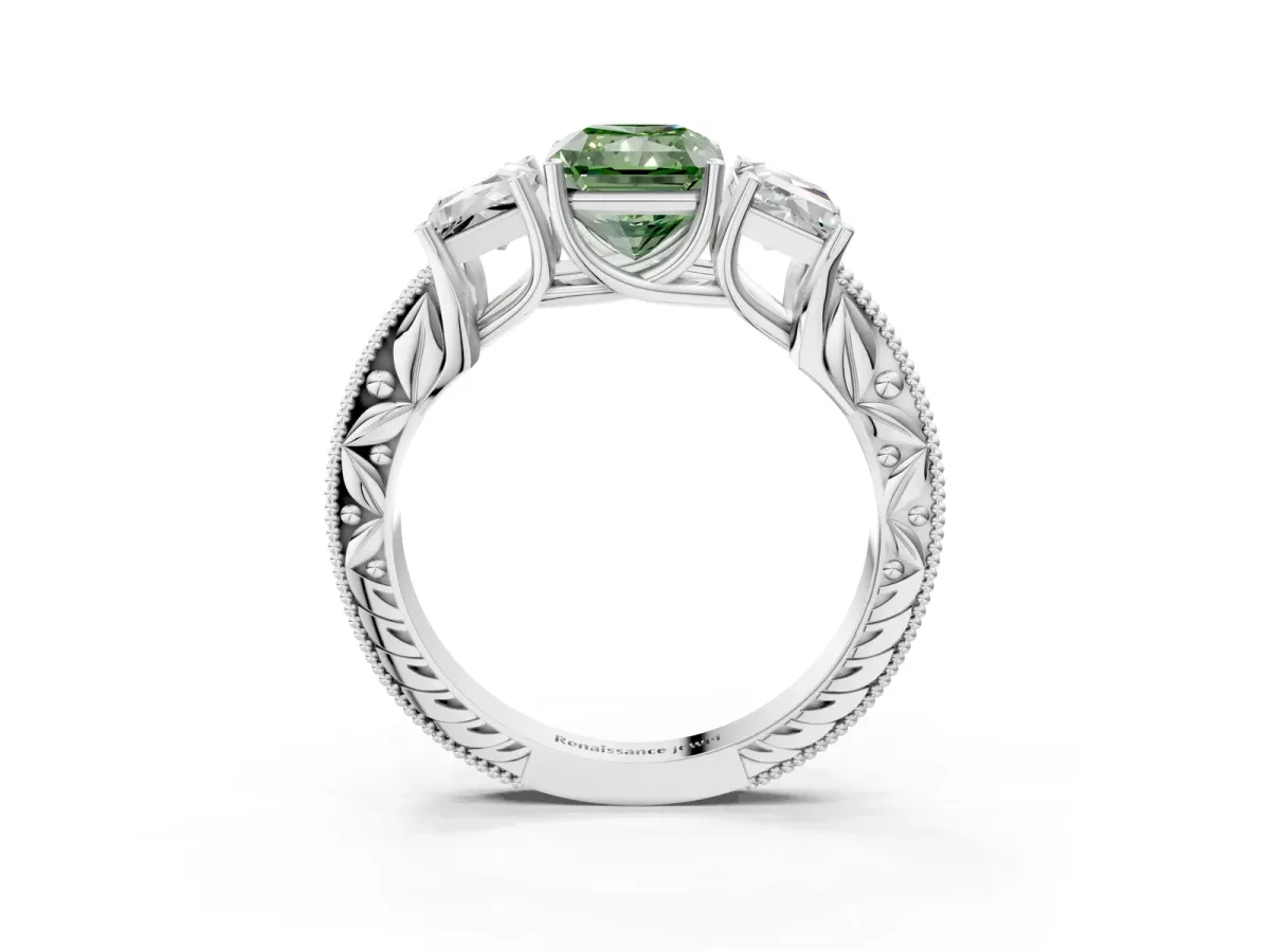 Fancy Green Three-Stone Radiant Cut Cut Milgrain Pavé Engagement Ring Platinum