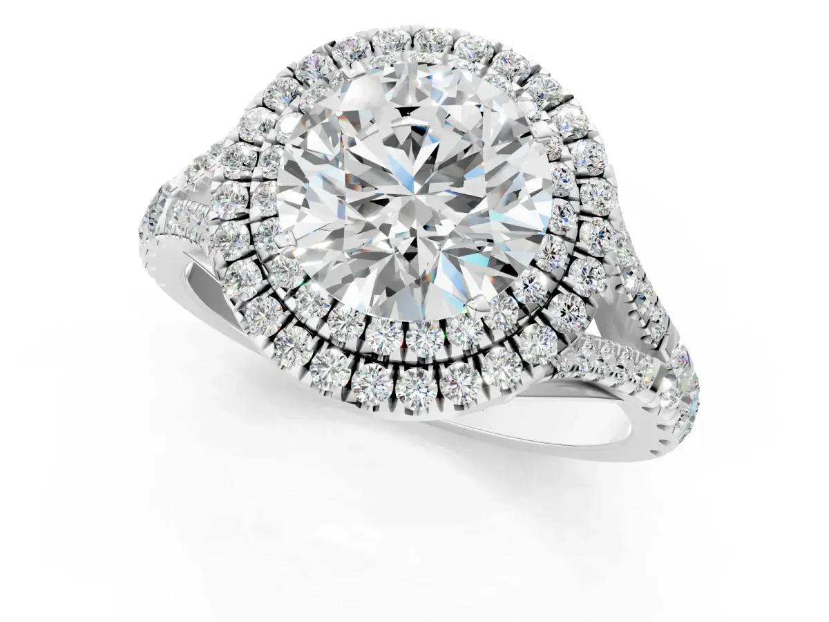 Round Cut Diamond Double Halo Ring with Split Shank and Prong Setting Platinum