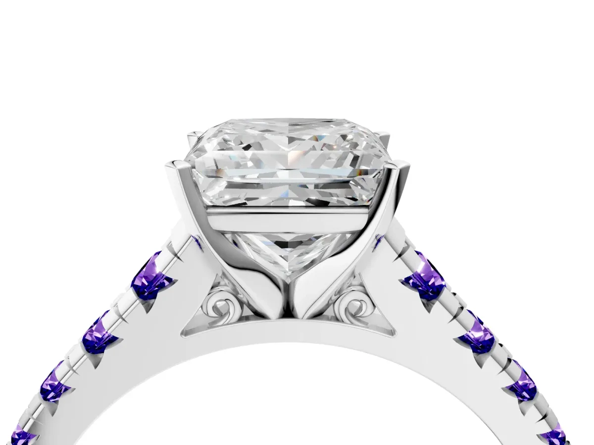 Princess Cut Diamond Cathedral Solitaire Ring with Round Tanzanite Pavé Band Silver