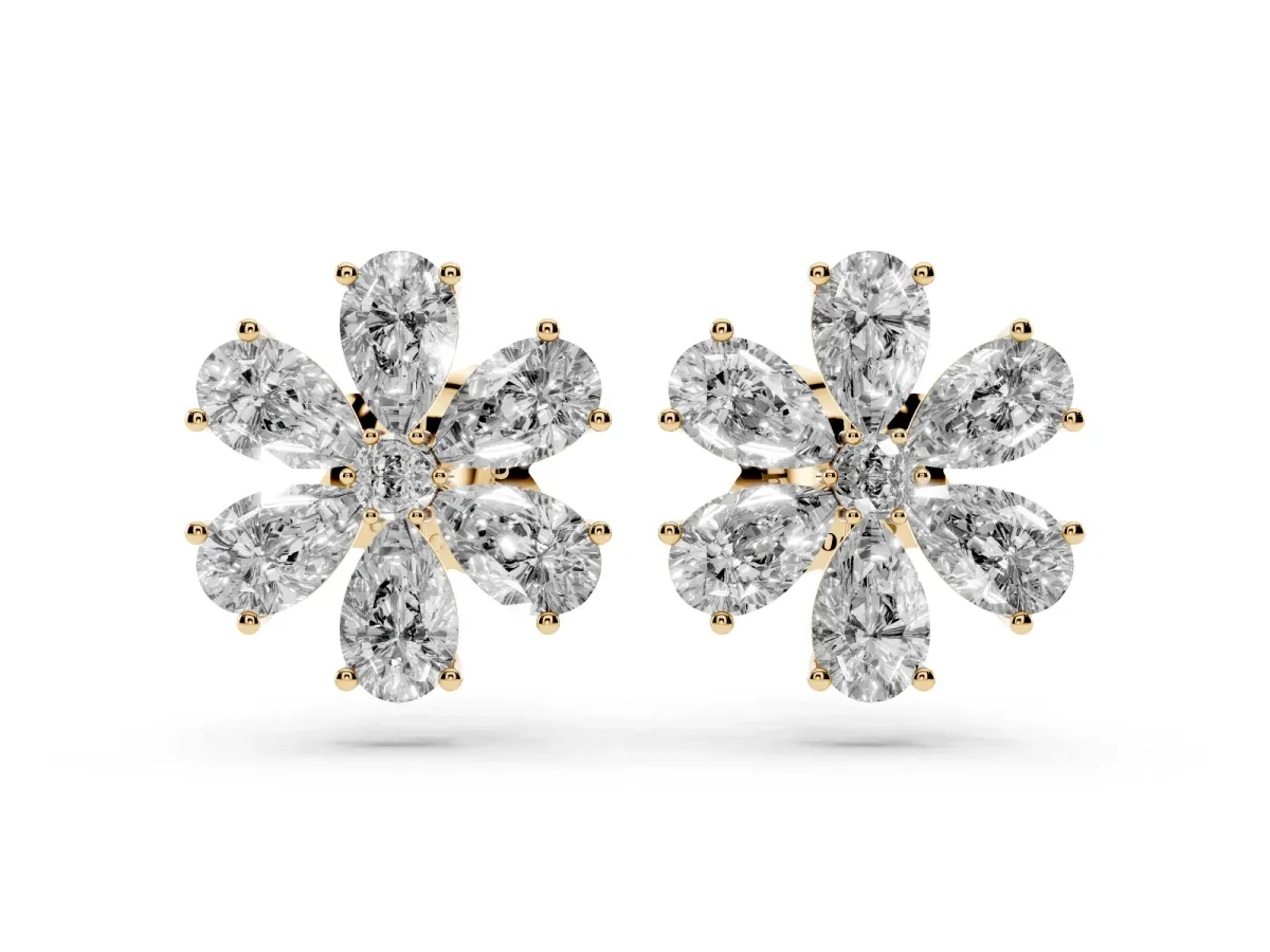 Pear Cut Diamond Floral Cluster Stud Earrings Yellow gold