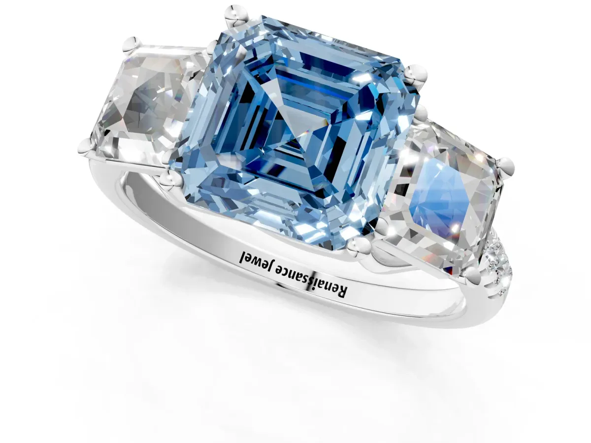 Fancy Blue Three-Stone Asscher Cut Diamond Ring with Round Pavé Band and Prong Setting Silver