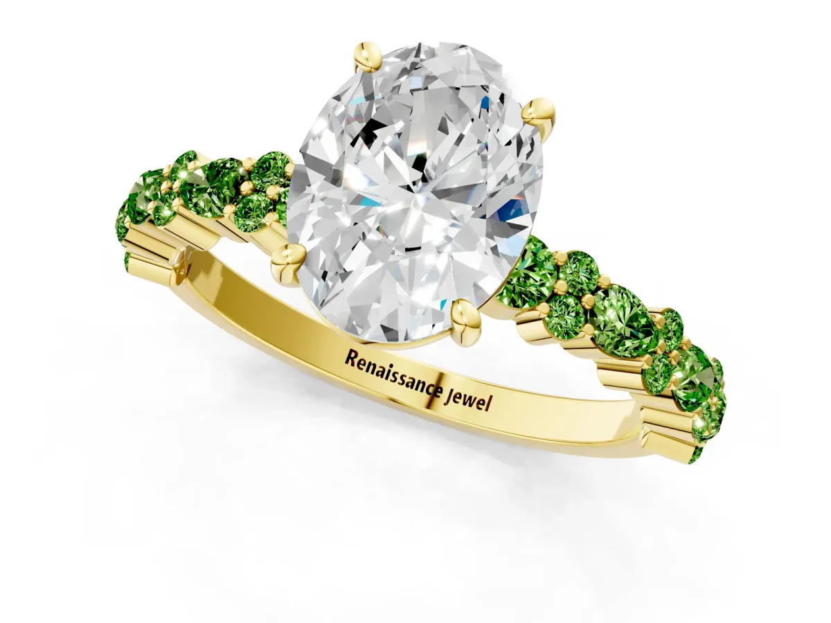 Oval Cut Diamond Side Stone Solitaire Ring with Round Peridot and Four-Prong Setting Yellow gold