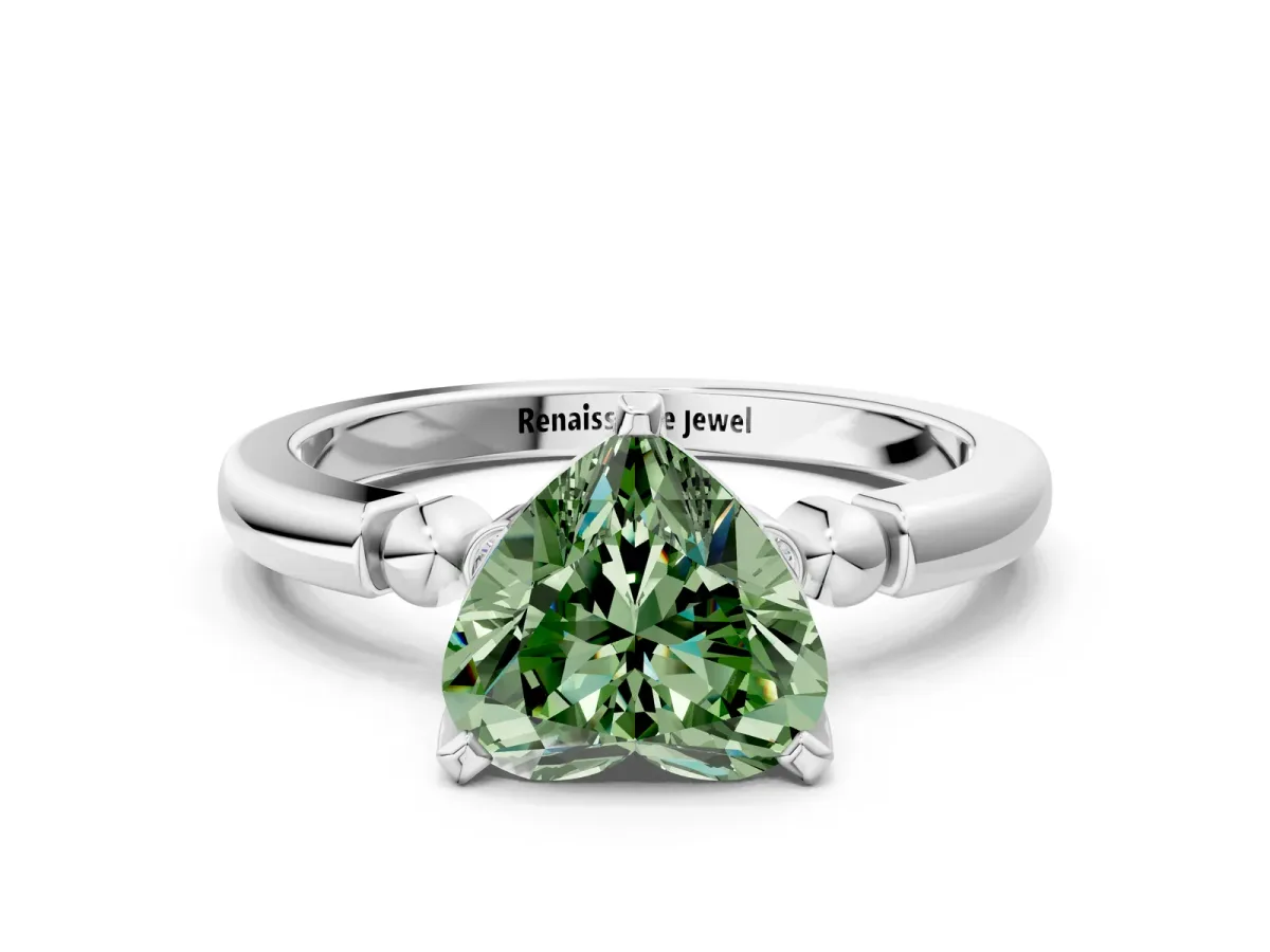Fancy Green Heart Cut Solitaire Beaded Band with Four-Prong Setting Platinum