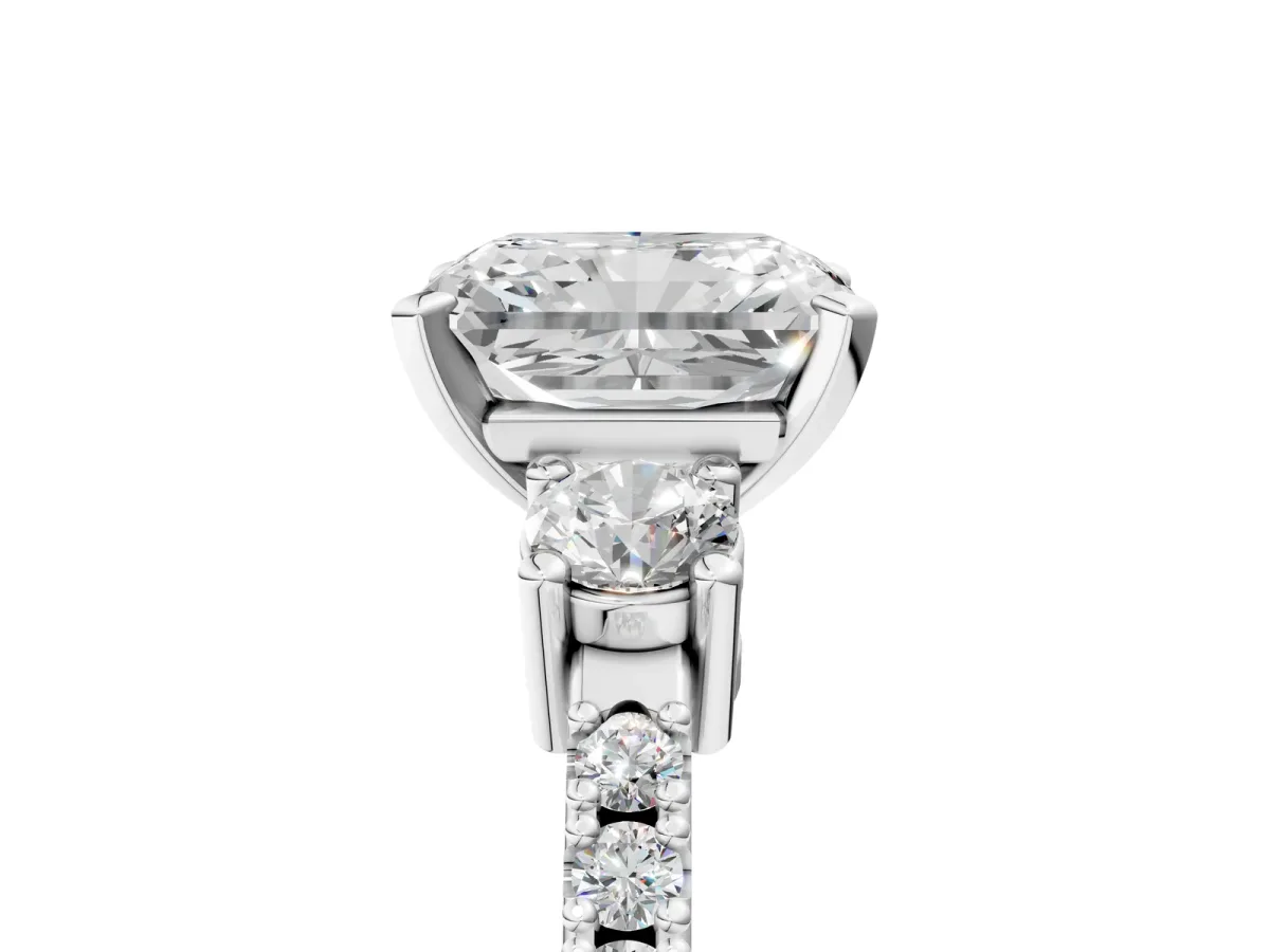 Radiant Cut Cut Three-Stone Diamond Pavé Band with Prong Setting Platinum