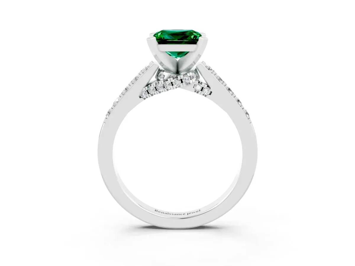 Princess Cut Emerald Solitaire Ring with Crossover Gallery and Round Pavé Band Silver