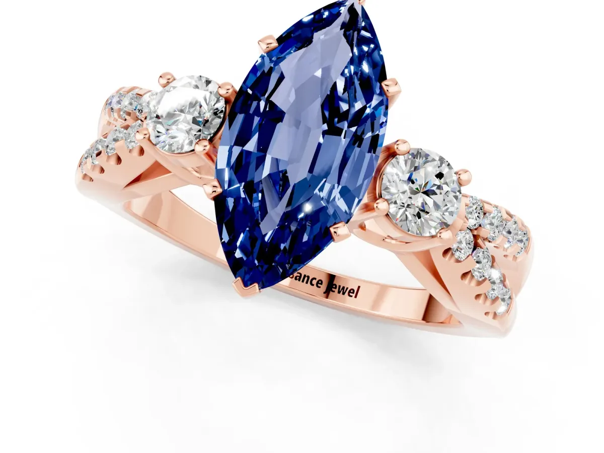 Marquise Cut Blue Sapphire Three-Stone Ring with Pavé Split Shank and Four-Prong Setting Rose gold